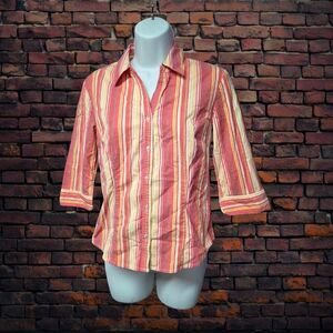 OCI Striped Button Up Shirt Women's Medium 3/4 Sleeve‎ Stretch Top